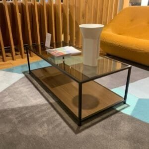 1. Table basse en verre et bois avec cadre en métal, style moderne, meubles d'intérieur élégants.