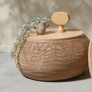 Mobilier design en rotin naturel, table basse contemporaine et décoration élégante.